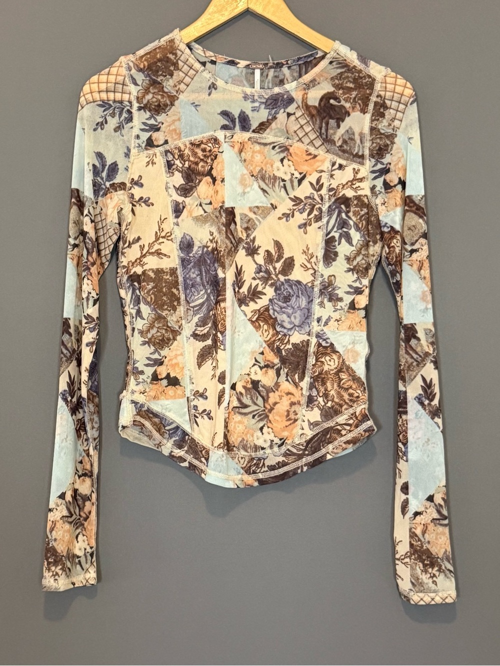 Free People Betty’s Garden Mesh Long Sleeve Floral Top Brown Womens Large Y2K - Picture 2 of 10